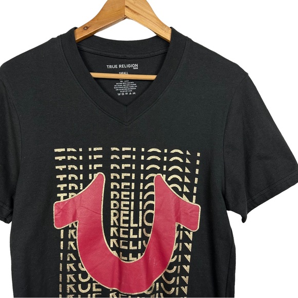 True Religion V Neck All Over Gold Metallic Logo Stretchy Short Sleeve T Shirt S - Picture 4 of 10
